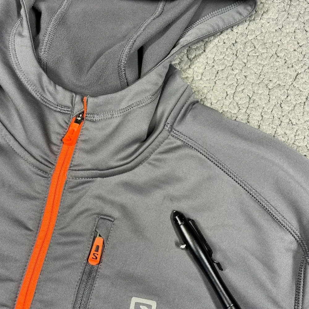 Salomon ActiTherm Mens Large Grey 1/4 Zip Hooded Pullover Jacket Orange Trim